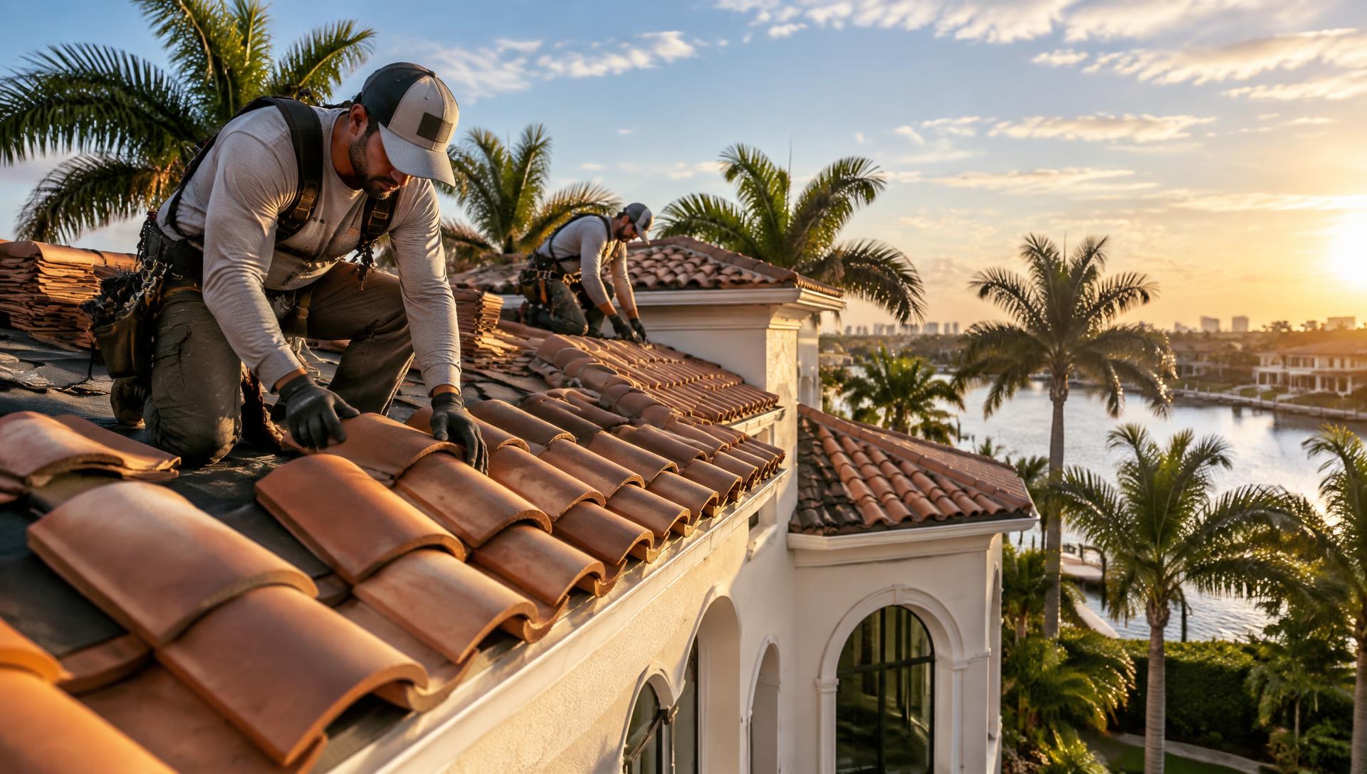 JB Roofing Company FL roofers installing a clay barrel tile roof on a South Florida home at sunset